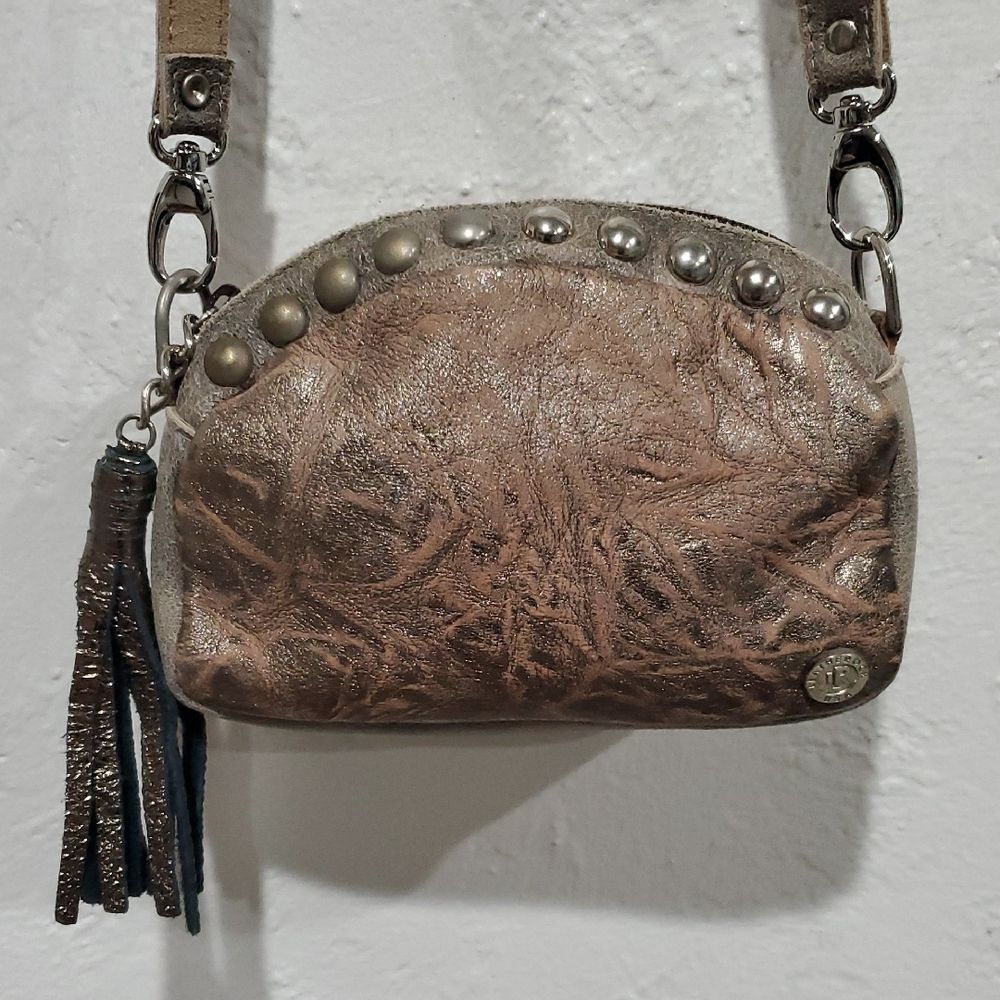 Leather Rock USA Tan and Metallic Leather Studded Crossbody Bag